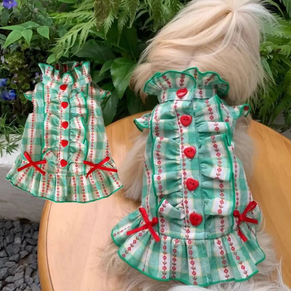 Pet Dog Clothes Polyester Fiber Pet Love Shirt Skirt INS Style Cute Dog Plaid Shirt Skirt Green Pet Plaid Dress for Small Dog