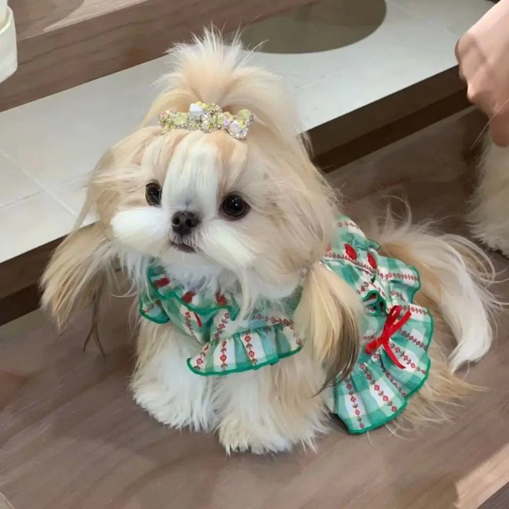 Pet Dog Clothes Polyester Fiber Pet Love Shirt Skirt INS Style Cute Dog Plaid Shirt Skirt Green Pet Plaid Dress for Small Dog