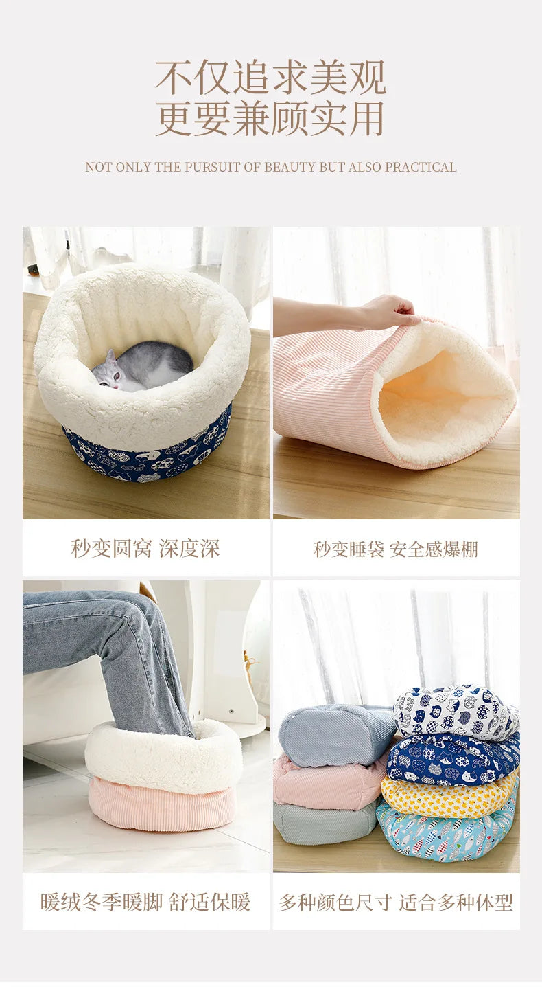 Warm Velvet Fabric Bed for Cats Dogs Winter Autumn Comfortable Soft Fleece Bucket Type Blue Sleeping Bag for Kittens Pet House
