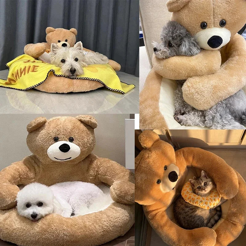 Cute Bear Sofa,Semi-Enclosed Bear Pet Dog Bed Ultra Soft Cat Bed Detachable Plush Puppy Bed Winter Warm Sleeping Bed Mat