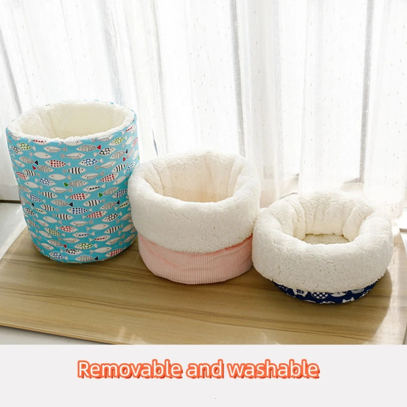 Warm Velvet Fabric Bed for Cats Dogs Winter Autumn Comfortable Soft Fleece Bucket Type Blue Sleeping Bag for Kittens Pet House