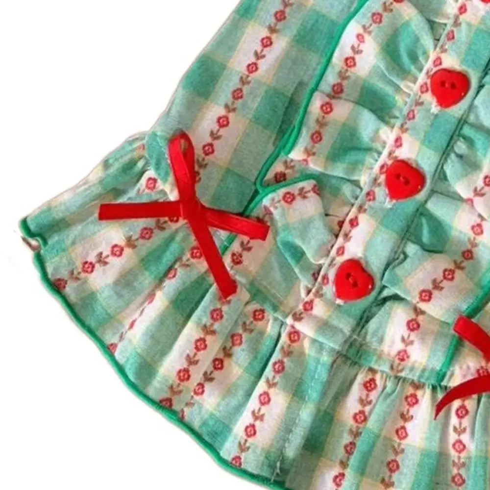 Pet Dog Clothes Polyester Fiber Pet Love Shirt Skirt INS Style Cute Dog Plaid Shirt Skirt Green Pet Plaid Dress for Small Dog