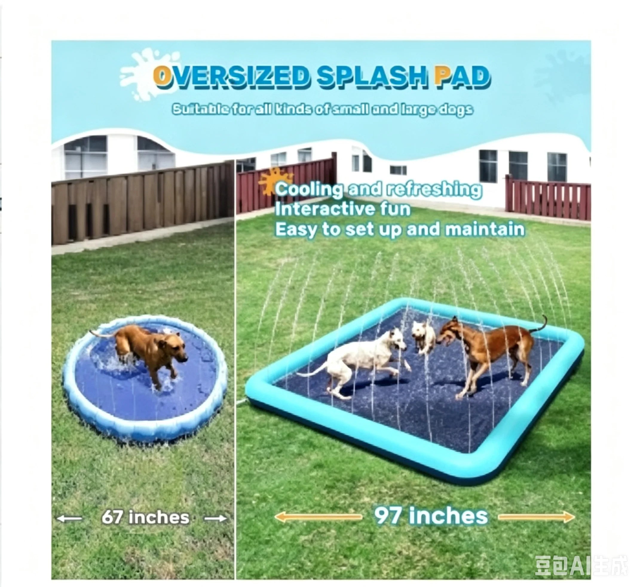 60-97'' Winter and Summer Outdoor and Indoor Dog Shower Playpool Inflatable Sprinkler Pad Pet Fountain Foldable Pad Dog Shower
