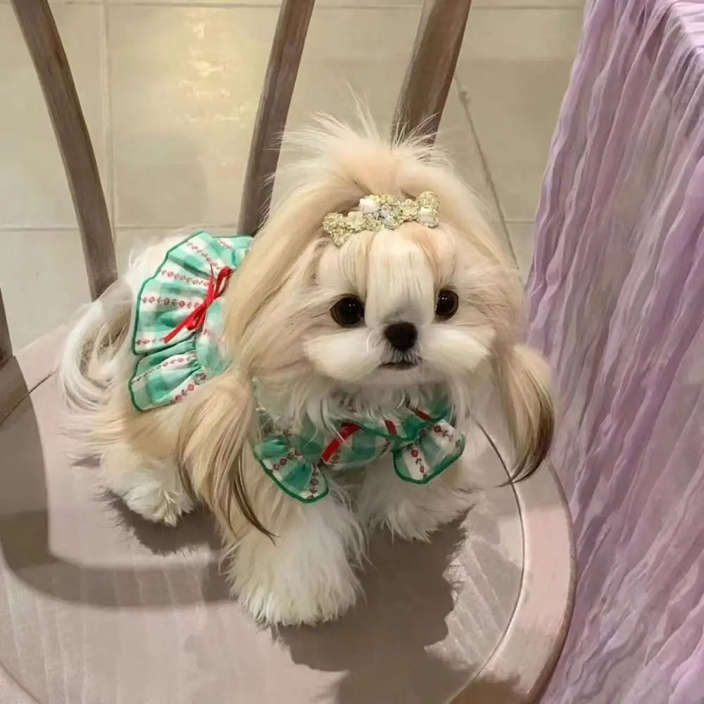Pet Dog Clothes Polyester Fiber Pet Love Shirt Skirt INS Style Cute Dog Plaid Shirt Skirt Green Pet Plaid Dress for Small Dog