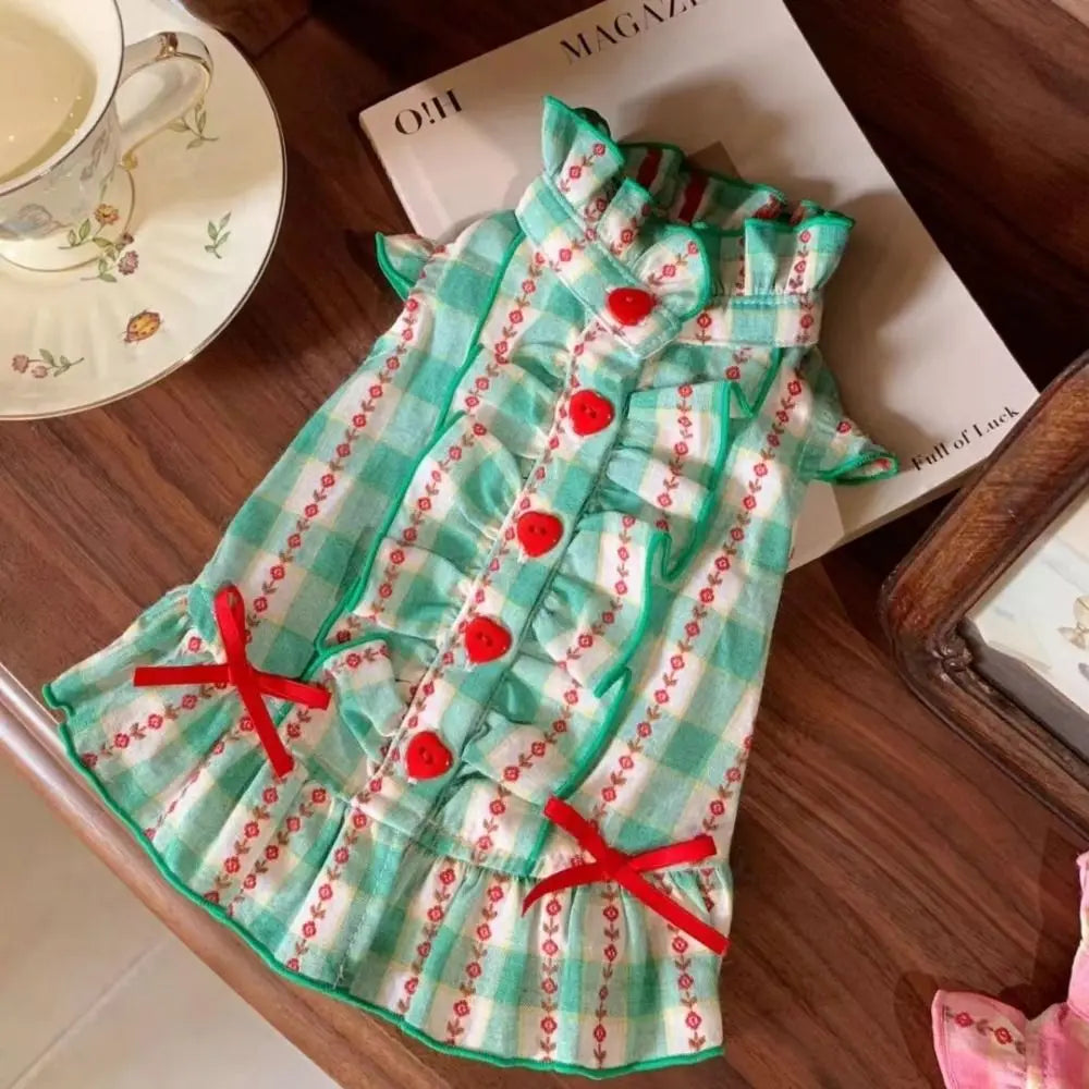 Pet Dog Clothes Polyester Fiber Pet Love Shirt Skirt INS Style Cute Dog Plaid Shirt Skirt Green Pet Plaid Dress for Small Dog