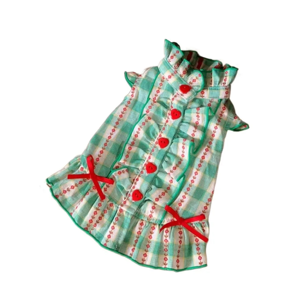Pet Dog Clothes Polyester Fiber Pet Love Shirt Skirt INS Style Cute Dog Plaid Shirt Skirt Green Pet Plaid Dress for Small Dog