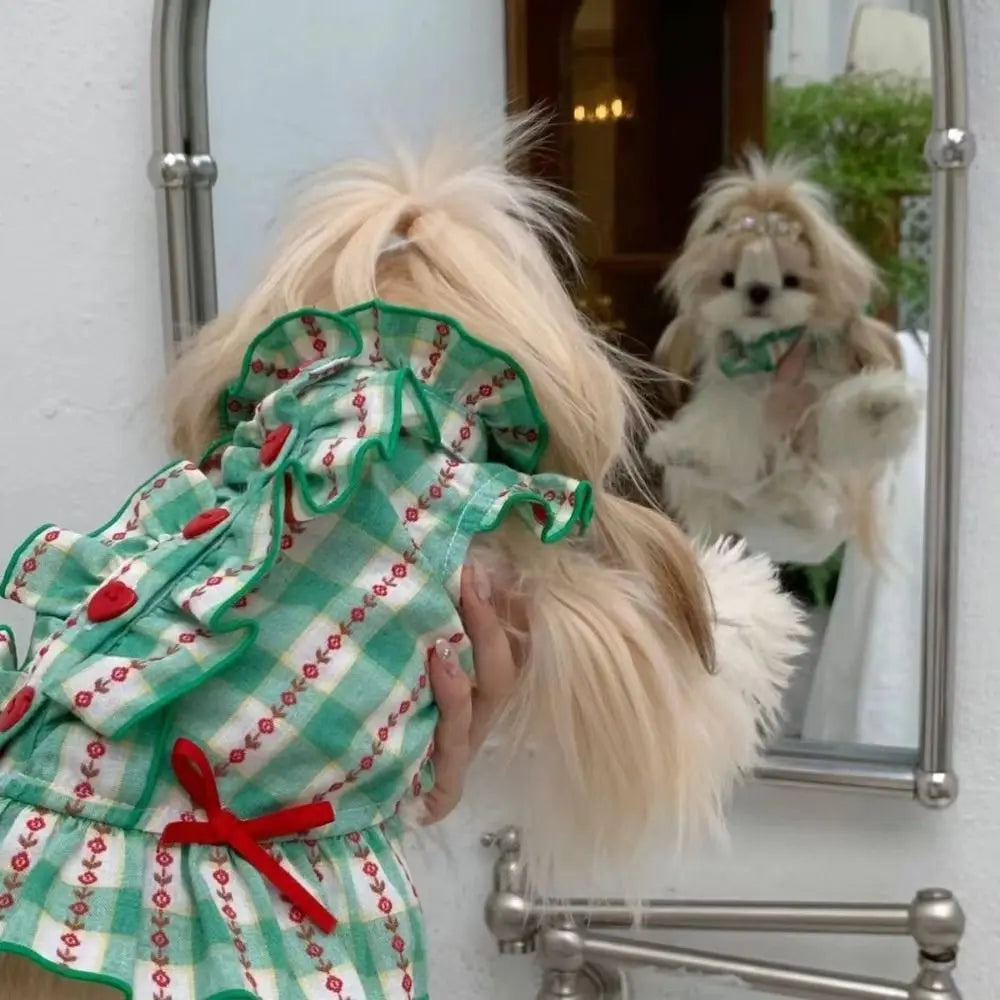 Pet Dog Clothes Polyester Fiber Pet Love Shirt Skirt INS Style Cute Dog Plaid Shirt Skirt Green Pet Plaid Dress for Small Dog