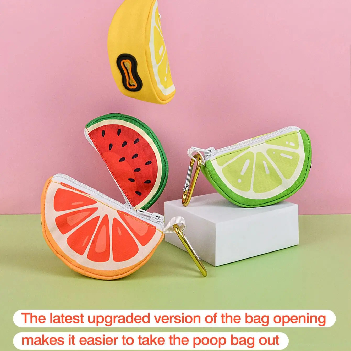Cute fruit pet poop bag storage, can be connected to any dog leash, bag and leash not included, limited special edition